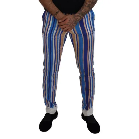 Dolce & Gabbana Blue Striped Silk Cotton Slim Trousers Pants